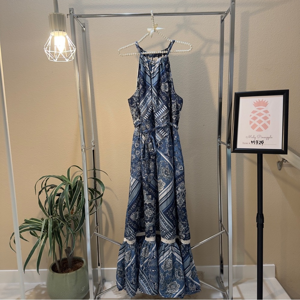Lucky Brand size L blue bandana design cotton halter top maxi with pockets dress